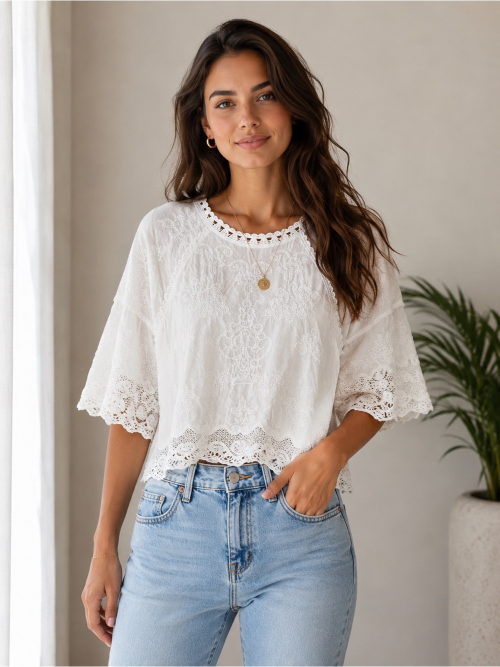 Democracy White Crochet-Trim Lace Peasant Blouse size small